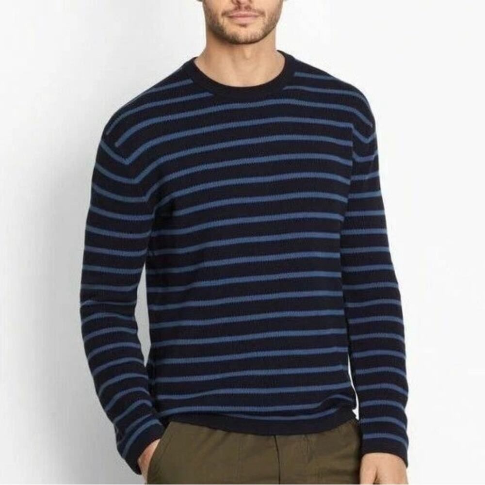 Vince Men’s Blue Stripe Reverse Tuck Stitch Cotton Crewneck Sweater Size M